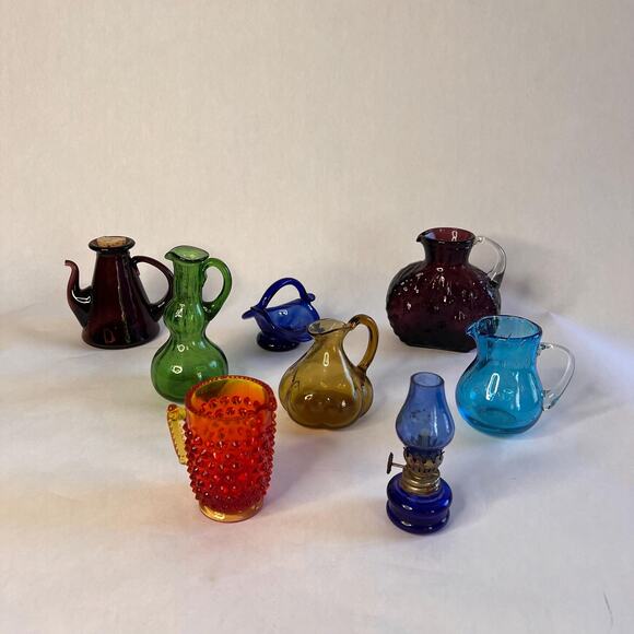 Vintage Hand Blown -Pitchers. Cruets. Basket & Mini Oil Lamp Mid Century - Picture 1 of 9